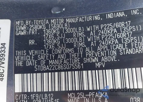 2006 Toyota Sienna Xle Limited z USA, uszkodzony, nr VIN 5TDBA22C86S075561